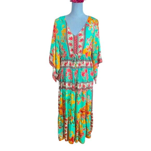 Me 2 Magic Dress Womens L Green Floral Boho Maxi Kimono Sleeves Lightweight - Picture 1 of 12